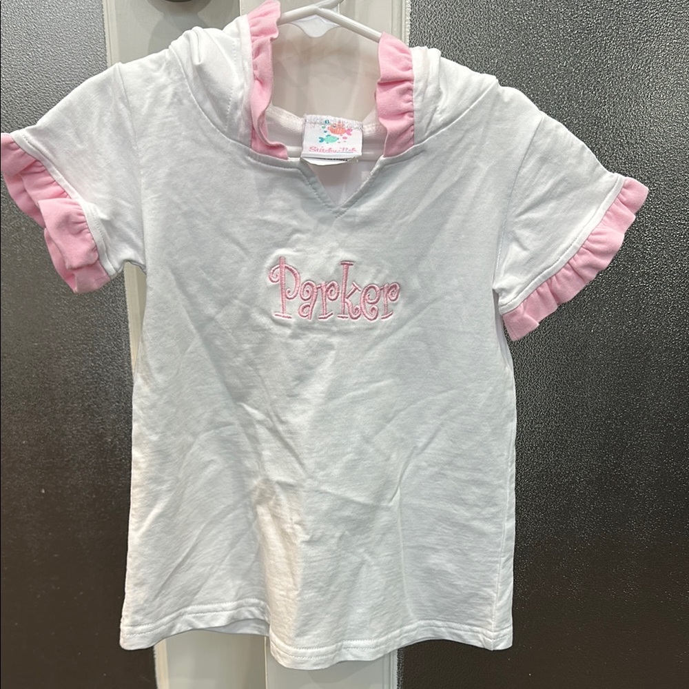 Girls’ White Swimsuit Hooded Coverup with Pink Monogrammed “Parker.”